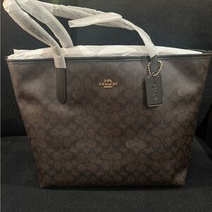 Coach Brown Monogram Tote Bag with Leather Accents